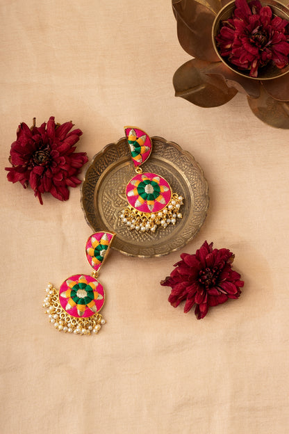 Matte Gold Finish Zari Embroidered & Pearl Tiered Crescent Dangler Earrings