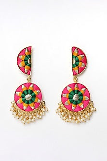 Matte Gold Finish Zari Embroidered & Pearl Tiered Crescent Dangler Earrings