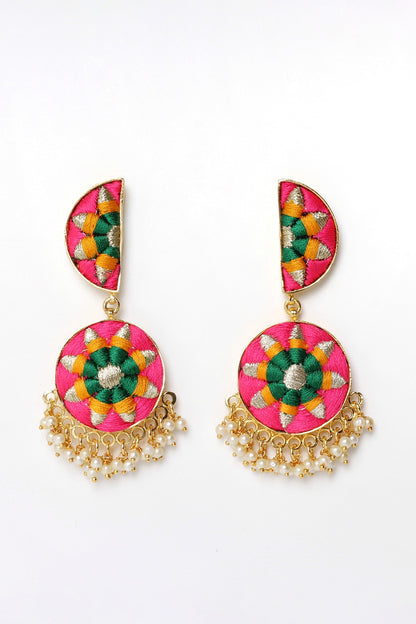 Matte Gold Finish Zari Embroidered & Pearl Tiered Crescent Dangler Earrings