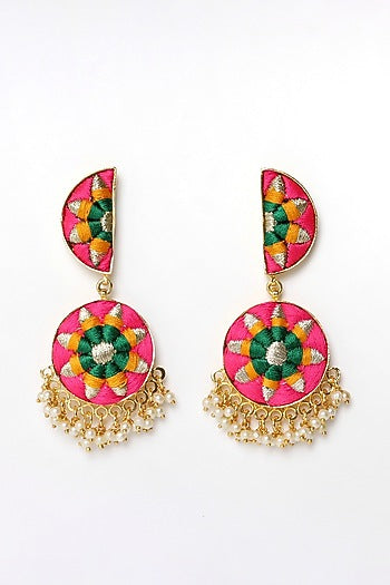 Matte Gold Finish Zari Embroidered & Pearl Tiered Crescent Dangler Earrings