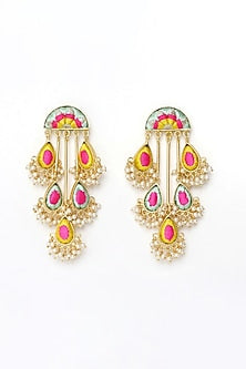 Matte Gold Finish Embroidered Semi-Circular Dangler Earrings