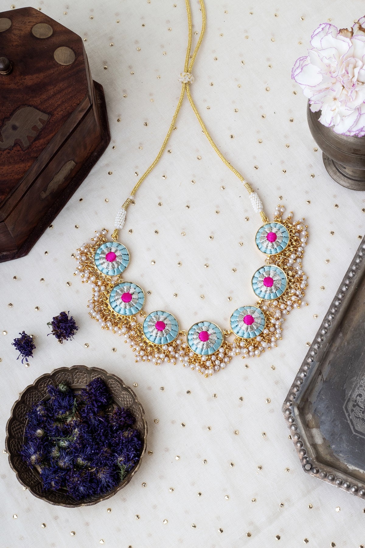 Matte Gold Finish Sky Blue & Pink Zari Silk Embroidered Layered Necklace