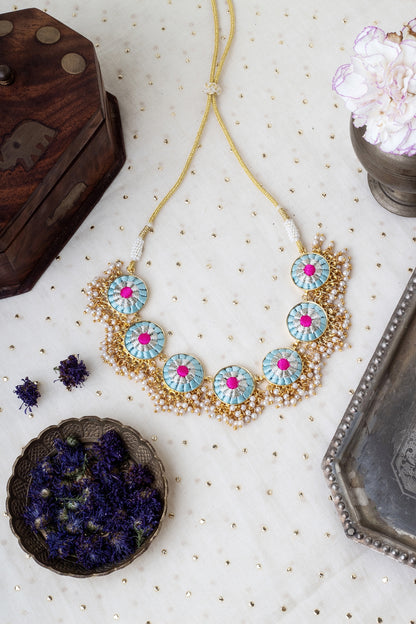 Matte Gold Finish Sky Blue & Pink Zari Silk Embroidered Layered Necklace