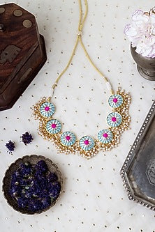 Matte Gold Finish Sky Blue & Pink Zari Silk Embroidered Layered Necklace