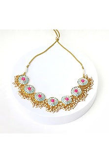 Matte Gold Finish Sky Blue & Pink Zari Silk Embroidered Layered Necklace