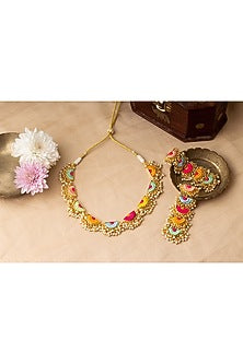 Matte Gold Finish Multi-Colored Embroidered Layered Semi-Circular Necklace Set