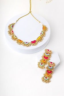Matte Gold Finish Multi-Colored Embroidered Layered Semi-Circular Necklace Set