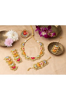 Matte Gold Finish Multi-Colored Embroidered & Pearl hanging Layered Semi-Circular Necklace Set