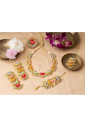 Matte Gold Finish Multi-Colored Embroidered & Pearl hanging Layered Semi-Circular Necklace Set
