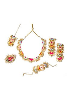 Matte Gold Finish Multi-Colored Embroidered & Pearl hanging Layered Semi-Circular Necklace Set