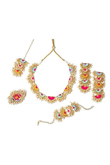 Matte Gold Finish Multi-Colored Embroidered & Pearl hanging Layered Semi-Circular Necklace Set