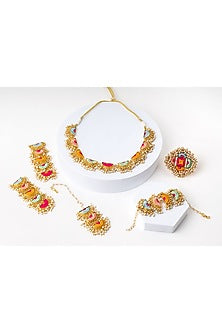 Matte Gold Finish Multi-Colored Embroidered & Pearl hanging Layered Semi-Circular Necklace Set