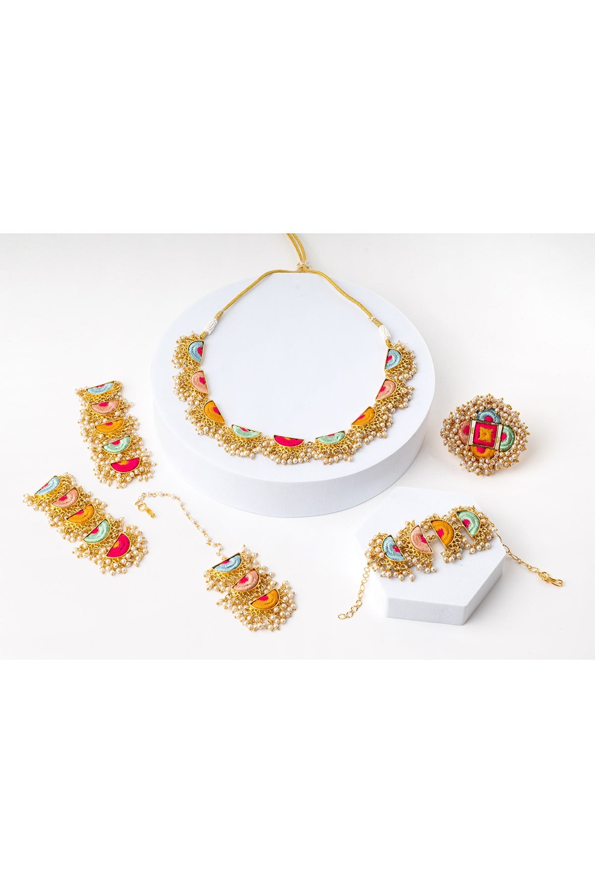 Matte Gold Finish Multi-Colored Embroidered & Pearl hanging Layered Semi-Circular Necklace Set