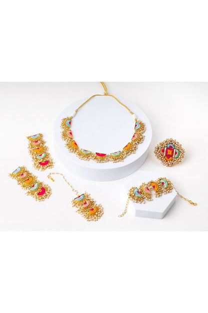 Matte Gold Finish Multi-Colored Embroidered & Pearl hanging Layered Semi-Circular Necklace Set
