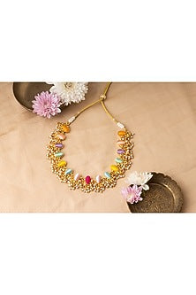 Matte Gold Finish Multi-Colored Embroidered Layered Necklace Set