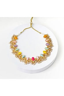 Matte Gold Finish Multi-Colored Embroidered Layered Necklace Set