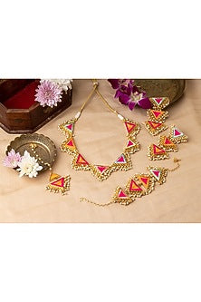 Matte Gold Finish Multi-Colored Embroidered & Pearl Hanging Layered Necklace Set