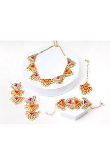 Matte Gold Finish Multi-Colored Embroidered & Pearl Hanging Layered Necklace Set
