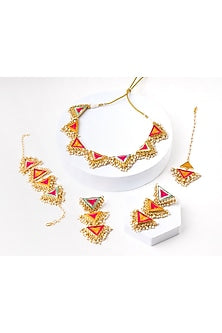 Matte Gold Finish Multi-Colored Embroidered & Pearl Hanging Layered Necklace Set