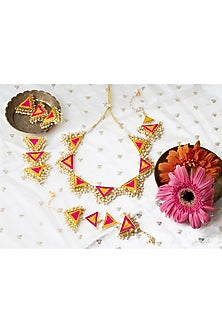 Matte Gold Finish Pink & Yellow Embroidered Layered Necklace Set