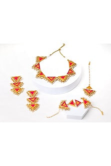 Matte Gold Finish Pink & Yellow Embroidered Layered Necklace Set