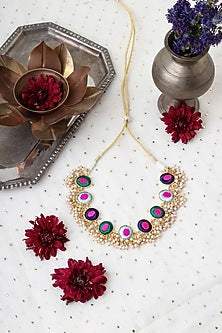 Matte Gold Finish Multi-Colored Embroidered & Pearl Hanging Layered Necklace