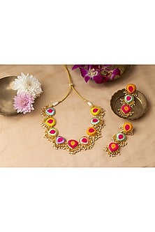 Matte Gold Finish Multi-Colored Embroidered & Pearl hanging Layered Necklace Set