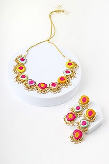 Matte Gold Finish Multi-Colored Embroidered & Pearl hanging Layered Necklace Set