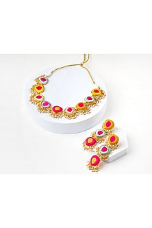 Matte Gold Finish Multi-Colored Embroidered & Pearl hanging Layered Necklace Set