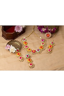 Matte Gold Finish Multi-Colored Embroidered & Pearl hanging Layered Necklace Set