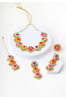 Matte Gold Finish Multi-Colored Embroidered & Pearl hanging Layered Necklace Set