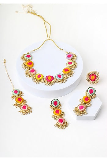 Matte Gold Finish Multi-Colored Embroidered & Pearl hanging Layered Necklace Set