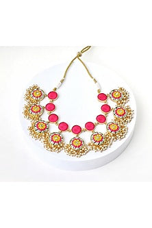 Matte Gold Finish Zari Silk Embroidered & Pearl hanging Layered Necklace