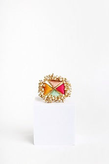 Matte Gold Finish Multi-Colored Embroidered & Pearl hanging Ring