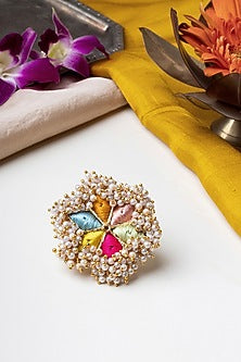 Matte Gold Finish Multi-Colored Embroidered & Pearl Hanging Ring