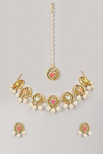 Gold Finish Multi-Colored Stone Necklace Set