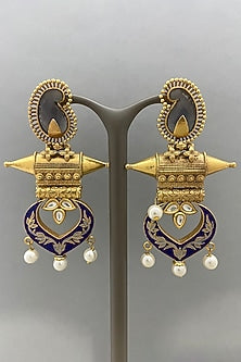 Gold Finish Blue Enameled Earrings