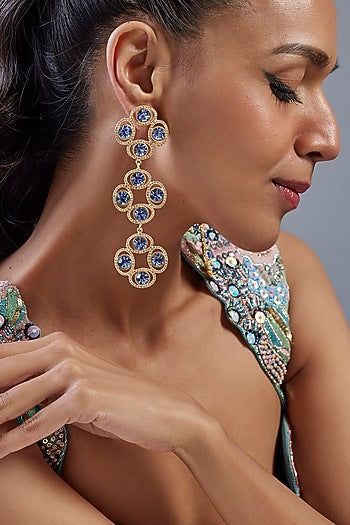 Gold Finish Sapphire Swarovski Crystal & Diamond Dangler Earrings