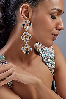 Gold Finish Sapphire Swarovski Crystal & Diamond Dangler Earrings