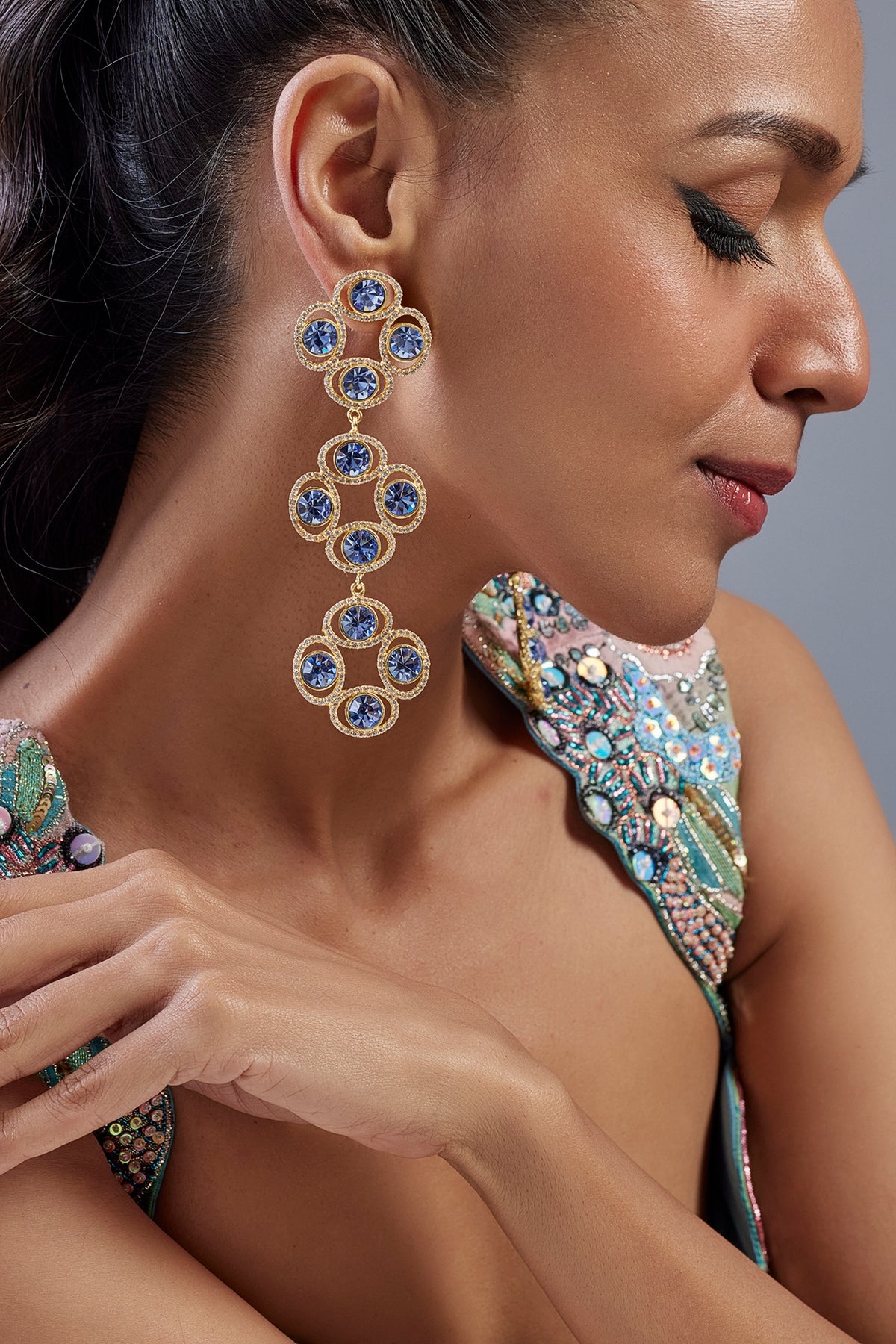 Gold Finish Sapphire Swarovski Crystal & Diamond Dangler Earrings