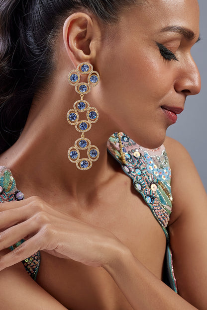 Gold Finish Sapphire Swarovski Crystal & Diamond Dangler Earrings