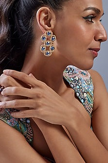 Gold Plated Sapphire Swarovski Crystal & Diamond Dangler Earrings
