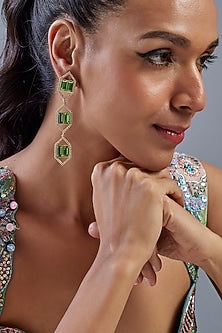 Gold Plated Green Swarovski Crystal & Diamond Dangler Earrings