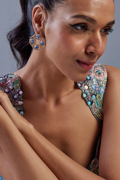 Gold Plated Sapphire Swarovski Crystal & American Diamond Stud Earrings