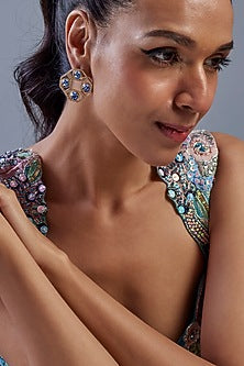 Gold Plated Sapphire Swarovski Crystal & American Diamond Stud Earrings