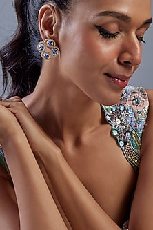 Gold Plated Sapphire Swarovski Crystal & White American Diamond Stud Earrings