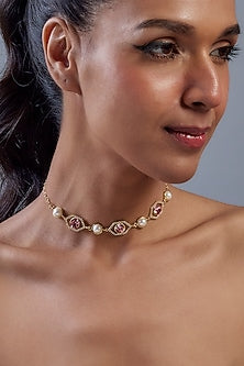 Gold Plated Rose Swarovski Crystal & White Diamond Choker Necklace