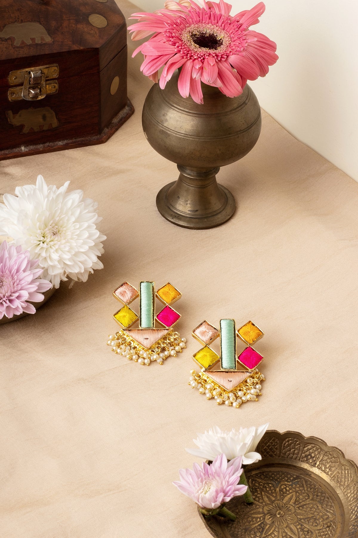 Matte Gold Finish Multi-Colored Embroidered & Pearl Geometrical Stud Earrings