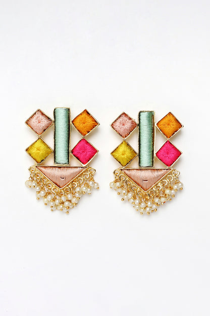 Matte Gold Finish Multi-Colored Embroidered & Pearl Geometrical Stud Earrings