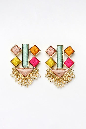 Matte Gold Finish Multi-Colored Embroidered & Pearl Geometrical Stud Earrings